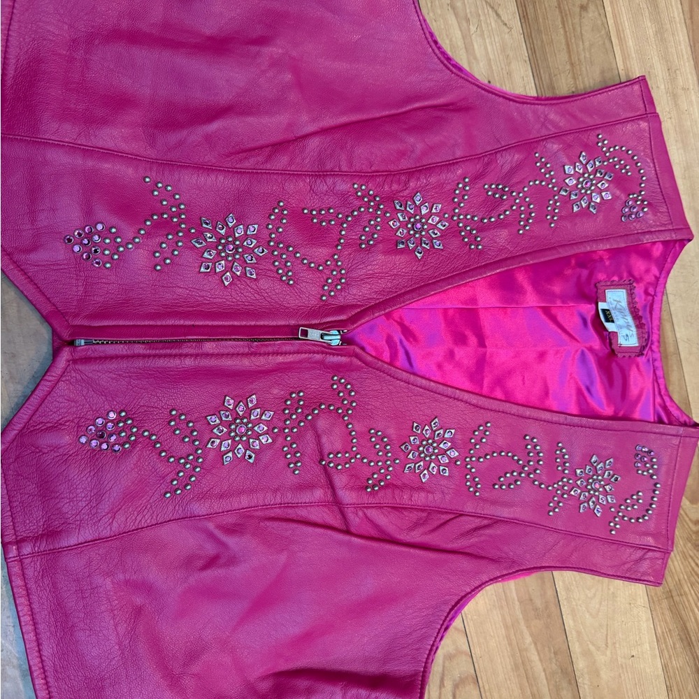 Kippys Fuchsia Leather Vest with Studded Floral Accents Vintage